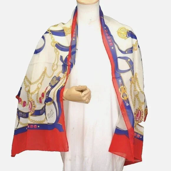 Authentic HERMES Scarf Fine Motif Silk Mousseline Red Rectangular 145 CM X 52 CM